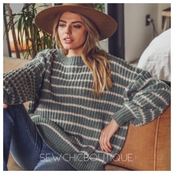 Last one!! Sage Cozy Bulky Striped Warm Sweater - Picture 2 of 6